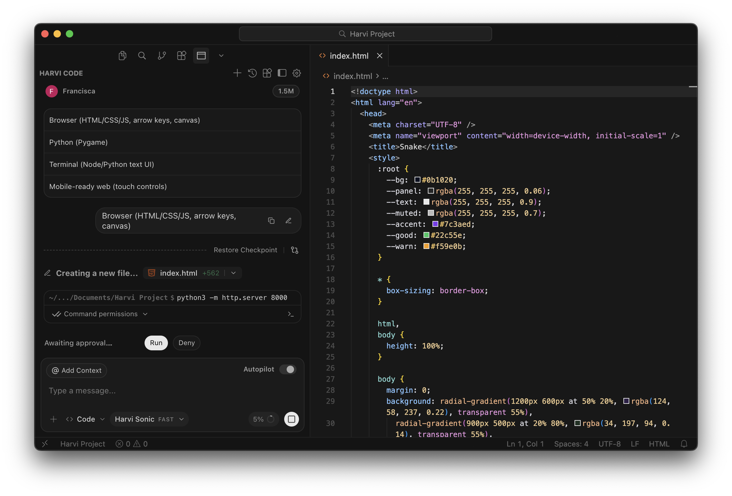 Интерфейс Harvi Code в VS Code